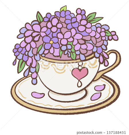 Vintage teacup filled with wisteria flowers and heart charm hand drawn romantic regency floral illustration for wedding decor feminine stationery and elegant designs 137188431