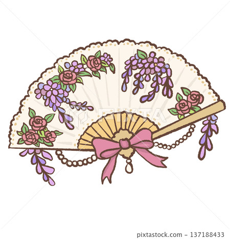 Decorative folding hand fan with roses wisteria garlands pink bow and pearl chains hand drawn romantic regency accessory illustration for wedding decor Decorative folding hand fan with roses wisteria garlands pink bow and pearl chains hand drawn romantic regency accessory illustration for wedding decor 137188433