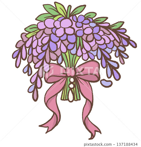 Wisteria flower bouquet tied with pink ribbon bow hand drawn romantic regency floral arrangement illustration for wedding decor feminine stationery and elegant designs Wisteria flower bouquet tied with pink ribbon bow hand drawn romantic regency floral arrangement illustration for wedding decor feminine stationery and elegant designs 137188434