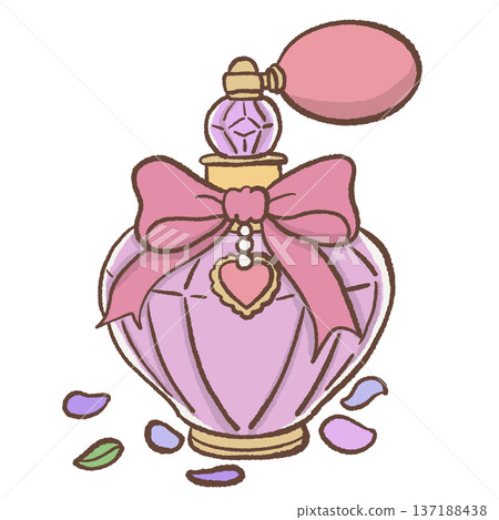 Vintage perfume bottle with pink ribbon bow and heart charm hand drawn romantic regency fragrance illustration for bridal decor and feminine stationery Vintage perfume bottle with pink ribbon bow and heart charm hand drawn romantic regency fragrance illustration for bridal decor and feminine stationery 137188438