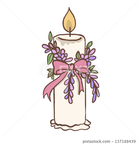Vintage candle decorated with wisteria flowers and pink ribbon bow hand drawn romantic regency illustration for wedding decor feminine stationery and elegant designs Vintage candle decorated with wisteria flowers and pink ribbon bow hand drawn romantic regency illustration for wedding decor feminine stationery and elegant designs 137188439