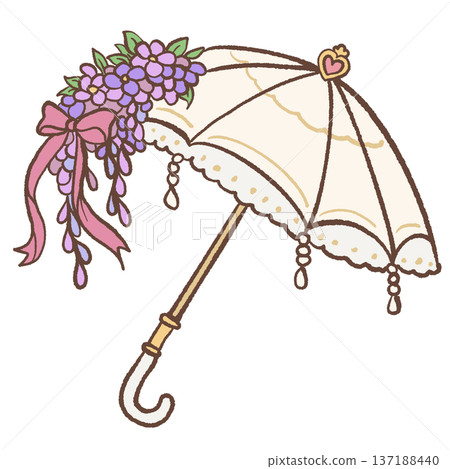Elegant parasol adorned with wisteria garland pink bow and pearl drops hand drawn romantic regency umbrella illustration for bridal decor and feminine designs Elegant parasol adorned with wisteria garland pink bow and pearl drops hand drawn romantic regency umbrella illustration for bridal decor and feminine designs 137188440