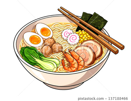 Vibrant hand drawn style ramen noodle soup bowl with chopsticks and rich toppings, isolated on white background for Asian culinary branding, posters, and creative food illustration projects. 137188466