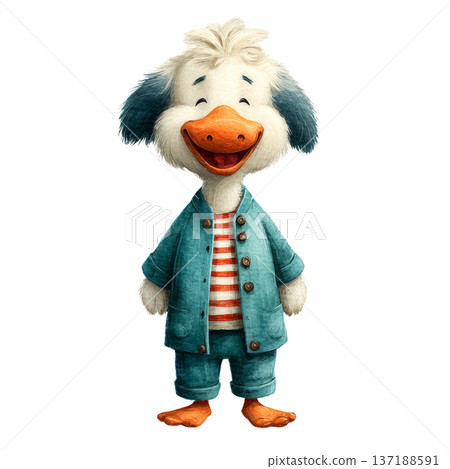 Happy watercolor pelican standing in teal jacket smiling 137188591