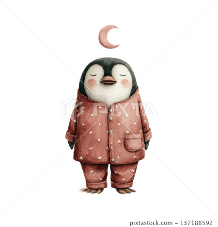 Cute watercolor penguin in star pajamas under crescent moon 137188592