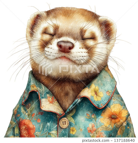 Cute watercolor weasel wearing a floral shirt smiling with eyes closed 137188640