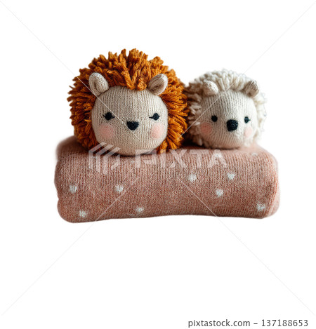 Two cute knitted hedgehog toys on a pink blanket cozy watercolor atmosphere 137188653