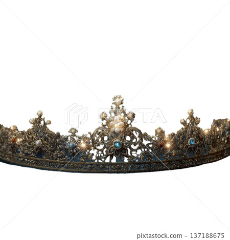 Vintage watercolor gold royal crown with blue gems and pearls isolated clipart 137188675