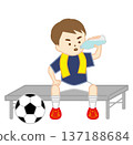 A soccer boy sitting on a bench with a towel around his neck hydrating 137188684