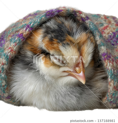 Cute watercolor chick sleeping under a colorful knitted blanket 137188981