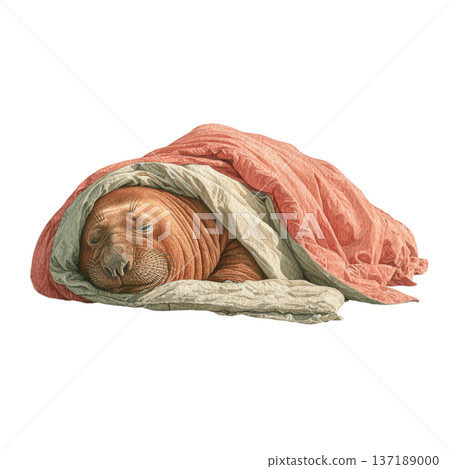 Cute watercolor seal sleeping under a pink blanket 137189000