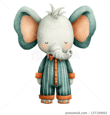 Cute watercolor elephant wearing green striped pajamas standing Cute watercolor elephant wearing green striped pajamas standing 137189001