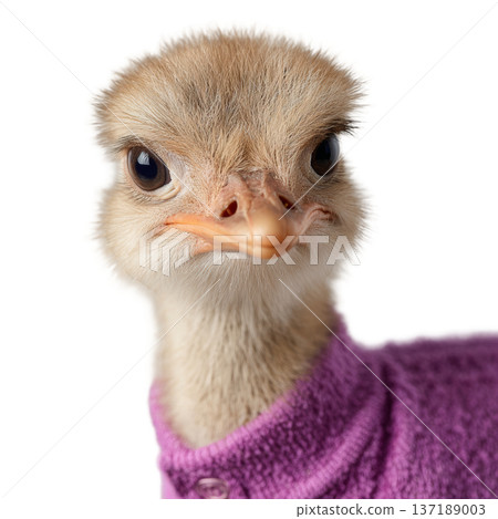 Cute watercolor ostrich portrait wearing a purple sweater 137189003