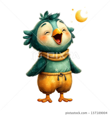 Cute watercolor falcon wearing yellow pajamas sleeping peacefully cozy atmosphere 137189004