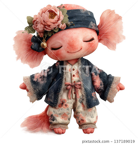 Adorable watercolor axolotl wearing a floral kimono sleeping isolated 137189019