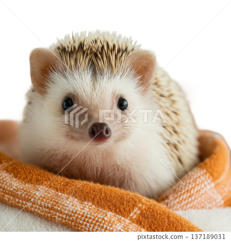 Adorable watercolor hedgehog wrapped in an orange blanket isolated 137189031