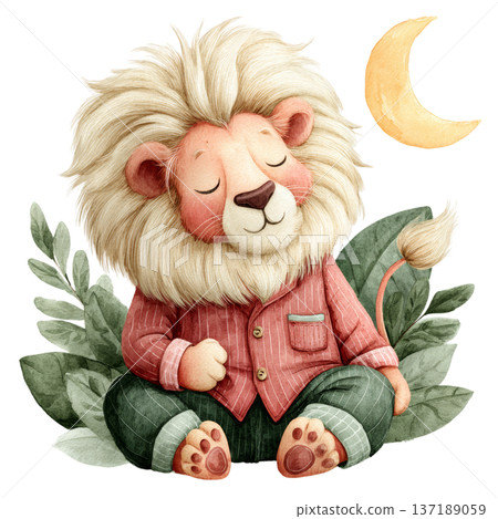 Cute watercolor lion wearing a red shirt sleeping among leaves with moon isolated Cute watercolor lion wearing a red shirt sleeping among leaves with moon isolated 137189059