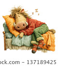 Warthog sleeping in bed with pillows watercolor cozy vibe 137189425