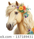 Beautiful watercolor horse portrait wearing a colorful flower crown 137189431