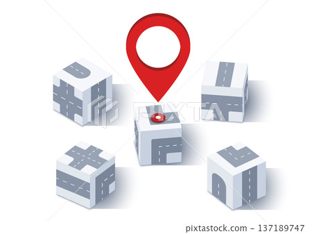 GPS tracking system navigation. Red marker or pin on one of the boxes as a goal located near 3d boxes with roads. Vector illustration isolated on a white background. 137189747