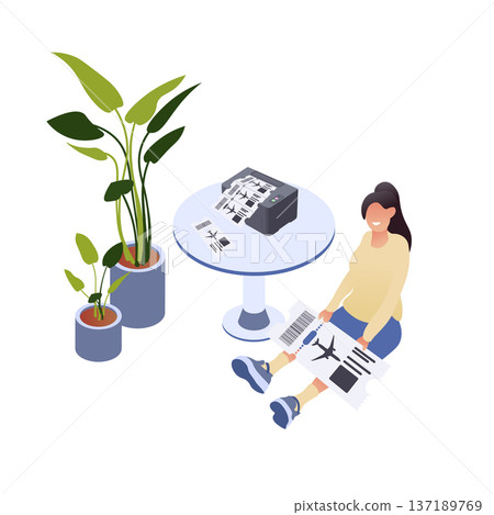 Booking, buying and print air flight tickets, trip. Holiday travel online. Airline boarding pass, documents, plane checkin. Vector illustration isolated on white background 137189769