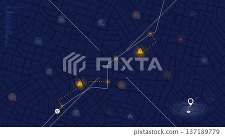 Highway disruptions. Accident road. GPS navigator screen with signs of streets. Closed turns of the route, road. Traffic detours on isometric map. Location tracks dashboard. Vector illustration Highway disruptions. Accident road. GPS navigator screen with signs of streets. Closed turns of the route, road. Traffic detours on isometric map. Location tracks dashboard. Vector illustration 137189779