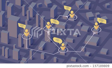 Communication concept. People connected with each other around. Business people around city working with online computer. Generic city map on background. Editable isometric, vector illustration. 137189809