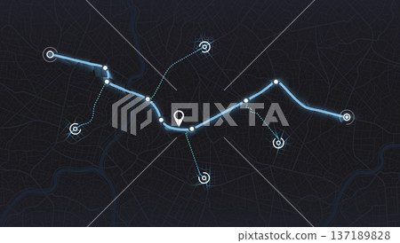 City map featuring directional signs, an intended goal point and multiple markers. Abstract GPS navigation, location and map pointer. Vector illustration with route, alternative paths. City map featuring directional signs, an intended goal point and multiple markers. Abstract GPS navigation, location and map pointer. Vector illustration with route, alternative paths. 137189828