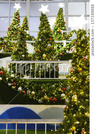 Festively decorated Christmas trees adorned with colorful ornaments and twinkling lights create a joyful holiday atmosphere in a vibrant indoor setting with greenery Festively decorated Christmas trees adorned with colorful ornaments and twinkling lights create a joyful holiday atmosphere in a vibrant indoor setting with greenery 137189888