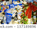 Aerial view of a vibrant tropical shopping mall interior adorned with festive Christmas decorations, showcasing colorful merchandise and a lively atmosphere for holiday shopping 137189896
