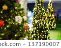 Christmas tree decorated with colorful ornaments and sparkling lights, creating a festive atmosphere for holiday celebrations and New Year greetings with copy space for text 137190007