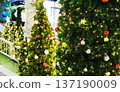 Lush Christmas trees adorned with colorful ornaments and twinkling lights create a festive atmosphere, perfect for holiday celebrations and New Year greetings with copy space for text 137190009