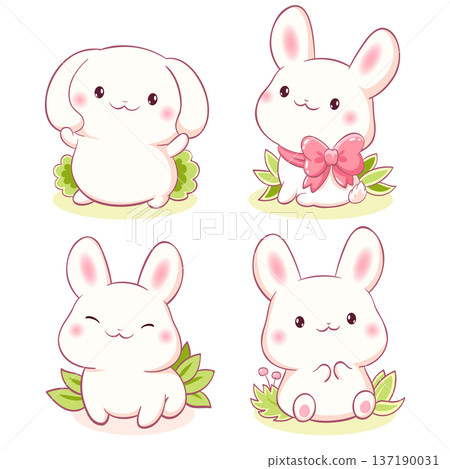 Set of little bunny in kawaii style. Tiny baby rabbit in multiple poses. Cute rabbit expression sheet collection. Can be used for t-shirt print, sticker, badge, greeting card. Vector illustration EPS8 137190031