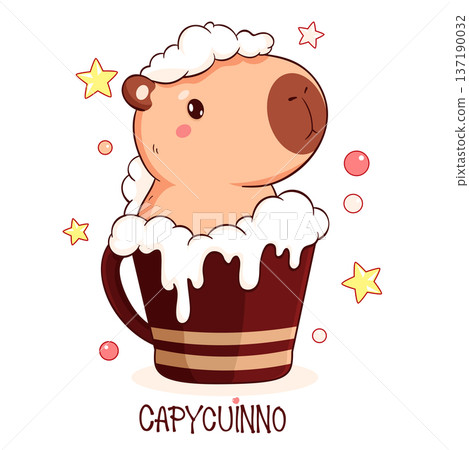 Lovely little capybara in cup. Square card with cute animal in cup in kawaii style. Can be used for t-shirt print, sticker, badge, greeting card design. Vector EPS8 137190032