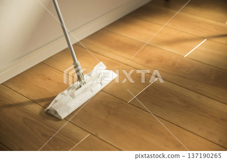 A floor wiper leaning against the wall in the room 137190265