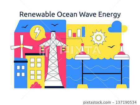 Renewable Ocean Wave Energy Technology Vector Illustration Featuring Sustainable Power Generation On Clean Blue Marine Background Renewable Ocean Wave Energy Technology Vector Illustration Featuring Sustainable Power Generation On Clean Blue Marine Background 137190534