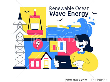 Renewable Ocean Wave Energy Technology Vector Illustration Featuring Sustainable Power Generation On Clean Blue Marine Background Renewable Ocean Wave Energy Technology Vector Illustration Featuring Sustainable Power Generation On Clean Blue Marine Background 137190535