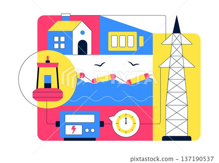 Renewable Ocean Wave Energy Technology Vector Illustration Featuring Sustainable Power Generation On Clean Blue Marine Background Renewable Ocean Wave Energy Technology Vector Illustration Featuring Sustainable Power Generation On Clean Blue Marine Background 137190537