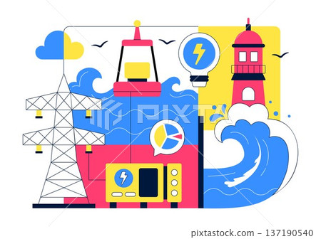 Renewable Ocean Wave Energy Technology Vector Illustration Featuring Sustainable Power Generation On Clean Blue Marine Background 137190540