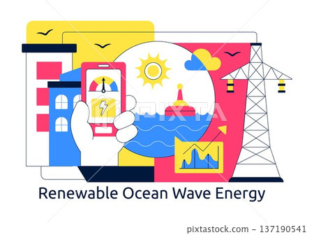 Renewable Ocean Wave Energy Technology Vector Illustration Featuring Sustainable Power Generation On Clean Blue Marine Background 137190541