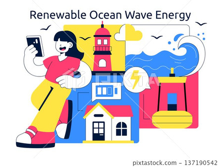 Renewable Ocean Wave Energy Technology Vector Illustration Featuring Sustainable Power Generation On Clean Blue Marine Background 137190542