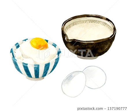 一份包含磨碎山藥、山藥飯和雞蛋的菜餚。手繪水彩插圖。 137190777