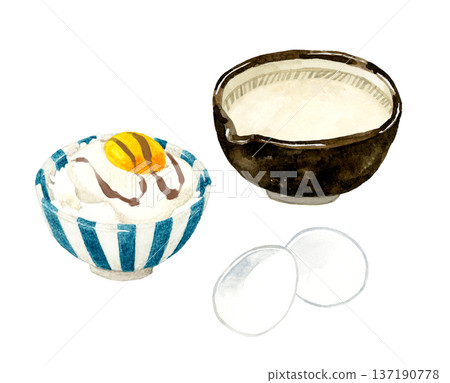 Set of grated yam, rice with yam, and egg. Hand-drawn watercolor illustration. Set of grated yam, rice with yam, and egg. Hand-drawn watercolor illustration. 137190778