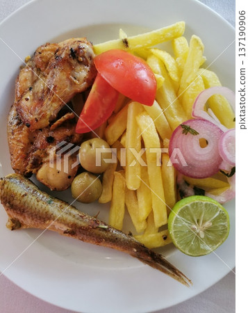 grilled chicken meat with potatoes and vegetable 137190906