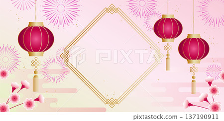 Chinese New Year background illustration material Vector Fireworks Peach Blossom New Year Festival Frame 137190911