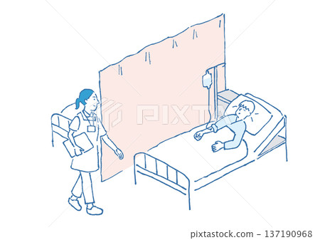 Hand-drawn illustration of a hospitalized man Hand-drawn illustration of a hospitalized man 137190968