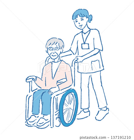 Hand-drawn illustration of an elderly woman in a wheelchair Hand-drawn illustration of an elderly woman in a wheelchair 137191210