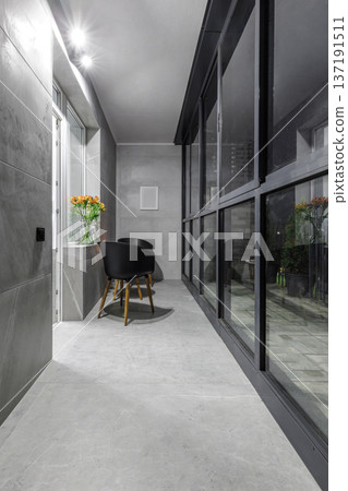 Modern Minimalist Loggia Design with Panoramic Glazing at Night Modern Minimalist Loggia Design with Panoramic Glazing at Night 137191511
