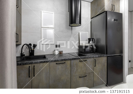 Modern Industrial Style Kitchen with Black Appliances and Stone Textures Modern Industrial Style Kitchen with Black Appliances and Stone Textures 137191515