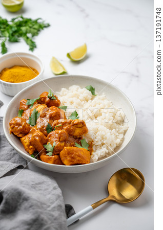 Chicken tikka masala curry with rice on marble background 137191748